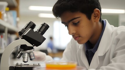 A focused young scientist examines a sample under a microscope in a lab, fostering scientific curiosity and discovery