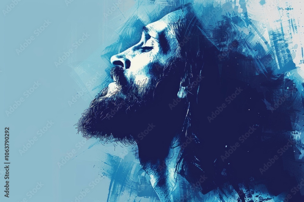 Poster professional illustration focuses jesus face using minimalistic lines and shapes convey deep emotion