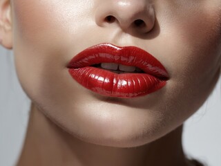 Naklejka premium A close-up of a woman's lips adorned with rich, red lipstick, showcasing their smoothness and glossy finish, exuding confidence and allure