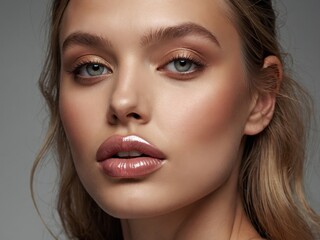 Fototapeta premium A close-up portrait of a woman with enchanting eyes and full lips, radiating confidence and charm, emphasizing her unique beauty and grace
