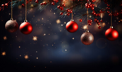 Christmas background with branches and festive balls.