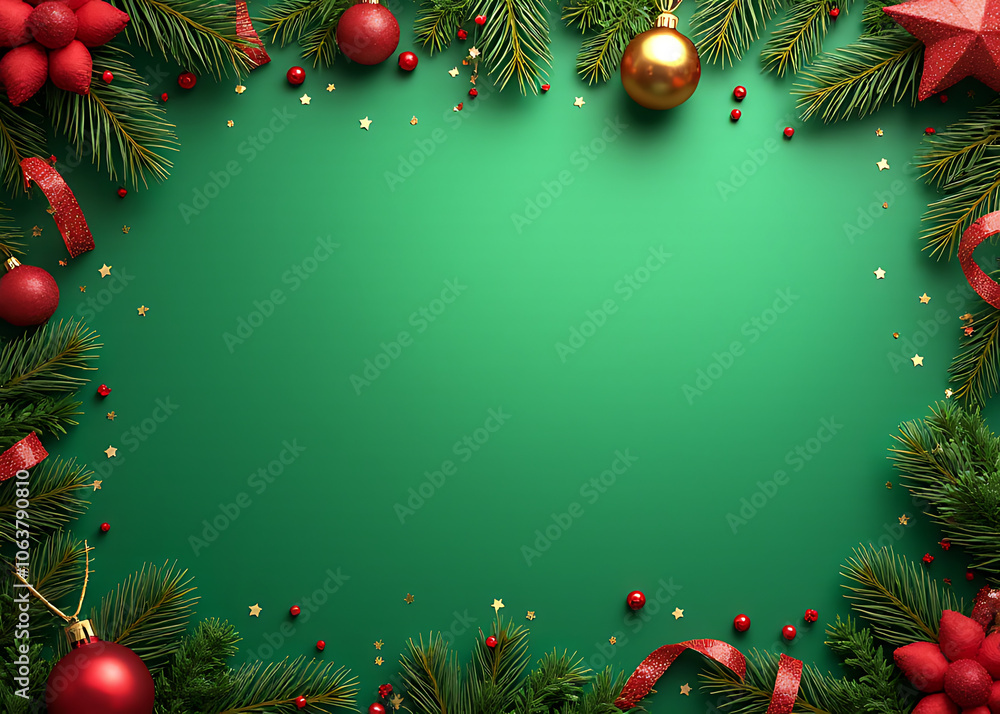 Poster stylish christmas design features a festive holiday border with confetti fir branches and space for 