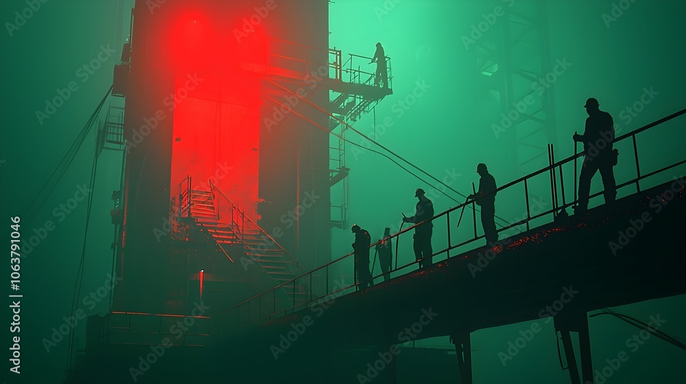 Poster focused construction workers collaborating together at elevated building site utilizing various tool