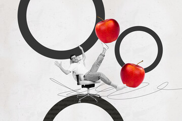 Composite creative art collage of happy man ride chair red apple harvest detox fruit nutrition...