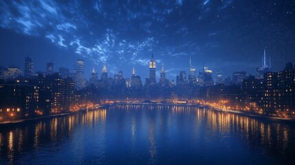 Fototapeta premium Night City with Neon Lights Reflected Over a Lake Blue Background Generative AI