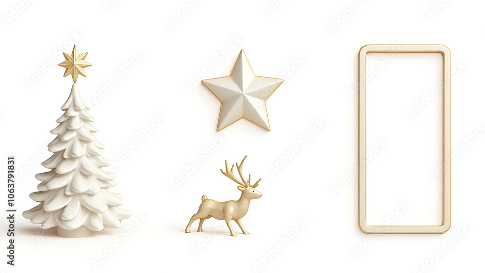 Poster Set of realistic 3D white gold ornaments including a Christmas tree star deer and frame against a white background as vector illustrations