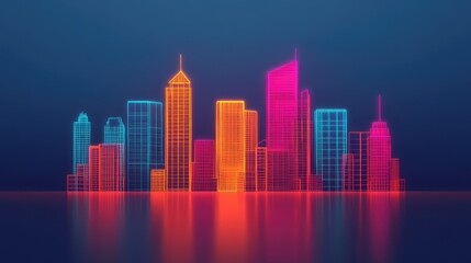 Obraz premium A vibrant digital skyline illustrated with neon outlines of modern buildings against a dark backdrop, representing urban innovation and technology.