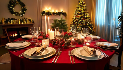 elegant festive christmas dinner table features decorations lit christmas tree behind
