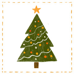 Colorful hand-drawn Christmas tree with ornaments and a star on top, decorated for the festive season
