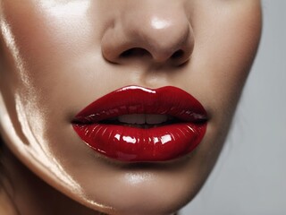Obraz premium A close-up shot of perfectly applied deep red lipstick on a woman's lips, highlighting their fullness, vibrancy, and flawless, smooth finish