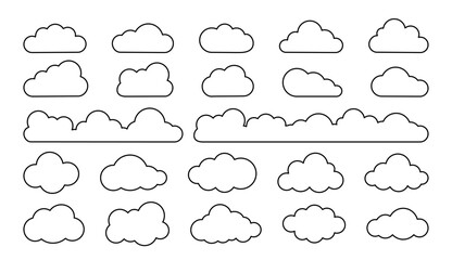 Line cloud. Simple sky outline clouds. Abstract comic cloudy different shapes. Puffy, fluffy and cumulus cloudscape icons. Childish weather black strokes vector elements set