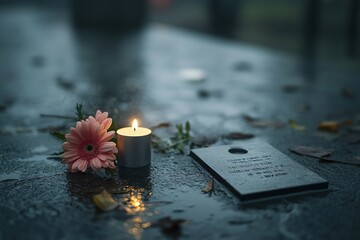 Candle and flower on wet memorial plaque.