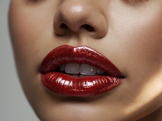 Fototapeta premium A close-up shot of perfectly applied deep red lipstick on a woman's lips, highlighting their fullness, vibrancy, and flawless, smooth finish