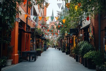 Charming urban alley with festive flags and warm brick walls