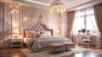 Dreamy Soft Pink Bedroom with Rose Gold Lighting. Perfect for: Valentine’s Day, romantic getaways