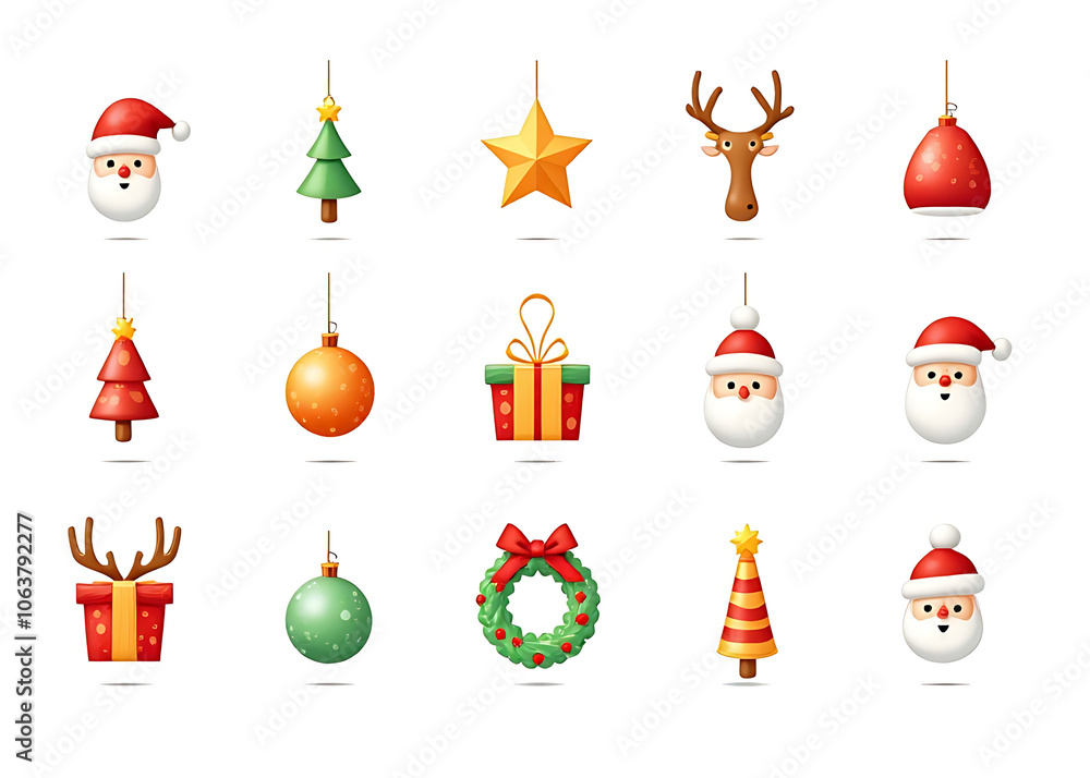 Poster Set of colorful Christmas symbols and traditional xmas icons in vector format isolated on a simple white background for EPS files