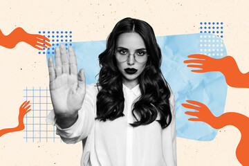 Composite trend artwork 3D sketch collage of young lady student stand model posing arm hands...