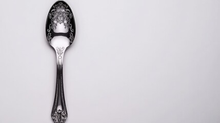 Elegant Ornate Spoon: A close-up shot of a silver spoon with intricate detailing against a simple backdrop. Perfect for adding a touch of sophistication to your designs. 
