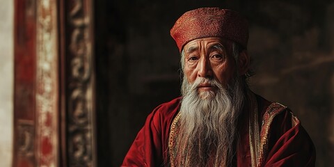 Elderly Asian man in traditional attire with wisdom in eyes