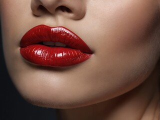 Obraz premium Close-up of woman’s lips with rich, matte red lipstick, emphasizing their smooth texture and bold, striking color, creating a sophisticated look