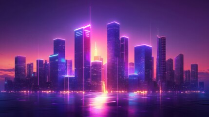 A futuristic cityscape with neon lights reflecting on water at sunset.