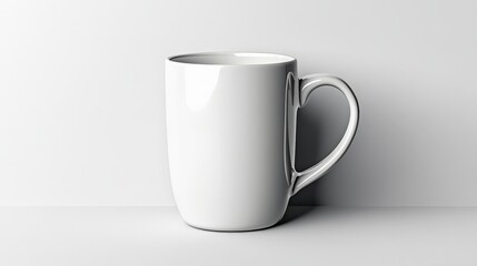 Obraz premium Blank White Mug Mockup: A pristine white mug, isolated against a minimalist background, ready for your design. This versatile mockup offers a clean canvas for showcasing your brand, logo, or artwork.