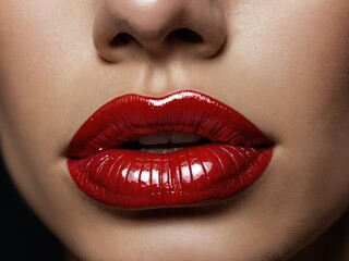 Naklejka premium Close-up of a woman’s lips elegantly coated in vibrant red lipstick, showcasing a bold, glossy finish and smooth texture