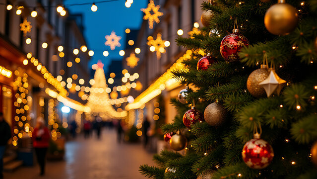 rge decorated Christmas tree dominates a festive holiday background with lights ornaments and other seasonal decorations on display everywhere