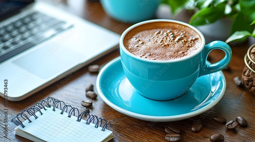 Aufkleber minimalist and stylish desk setup featuring a coffee cup laptop notepad and decorative elements crea