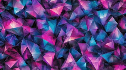 Fototapeta premium A bold, abstract low-poly seamless pattern with vibrant neon-colored triangles in shades of purple, blue, and pink, ideal for dynamic branding, sportswear, or event decor
