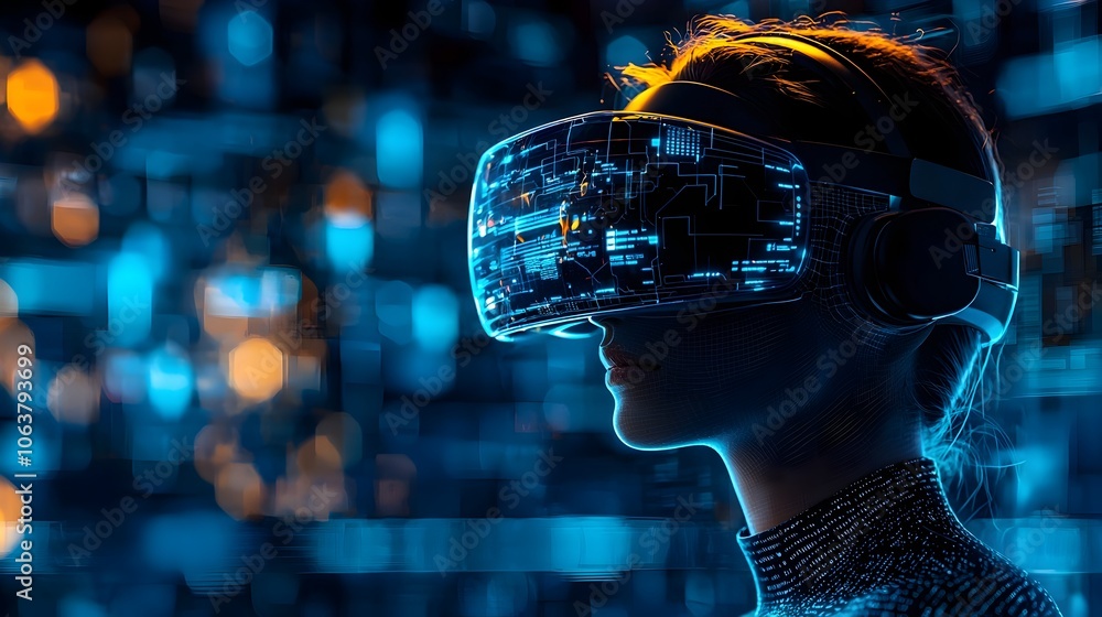 Poster of a futuristic communication setup featuring advanced holographic displays and virtual reality elem