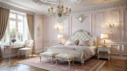 Elegant French Bedroom with Crystal Chandelier and Pink Walls. Perfect for: Valentine’s Day, anniversaries