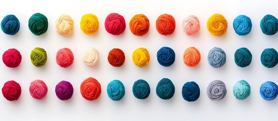 A neatly organized collection of colorful yarn balls, displayed in a grid pattern on a white background.