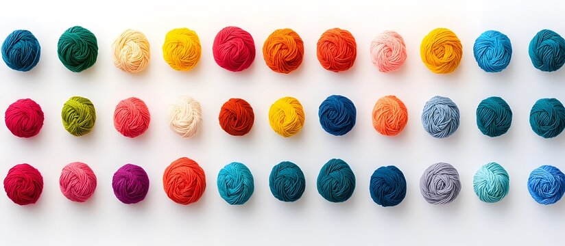 A neatly organized collection of colorful yarn balls, displayed in a grid pattern on a white background.