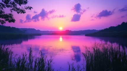 Fototapeta premium A stunning sunrise over a tranquil lake, with vibrant purple and pink hues reflecting in the water, creating a serene and picturesque scene.