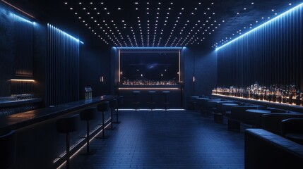 A dark and modern bar with neon lights and a starry night sky in the window.