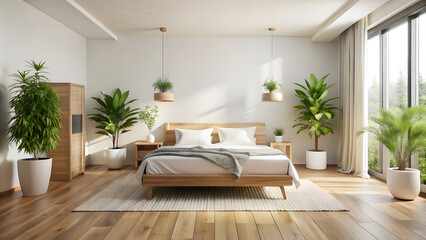 Minimalist Bedroom with Wooden Flooring and Green Plant Accents. Perfect for: Modern homes, relaxation spaces
