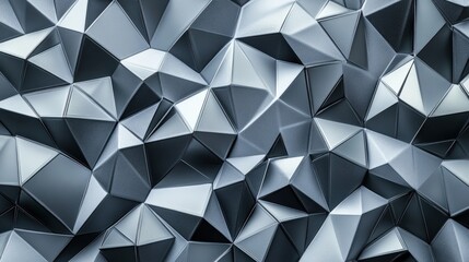 Fototapeta premium A futuristic low-poly seamless pattern with metallic-looking facets in silver, gray, and black, creating a sleek and modern design for fashion textiles, tech branding, or digital backgrounds