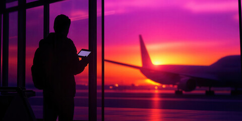 A person looks at travel information while waiting to board a flight in an international airport.