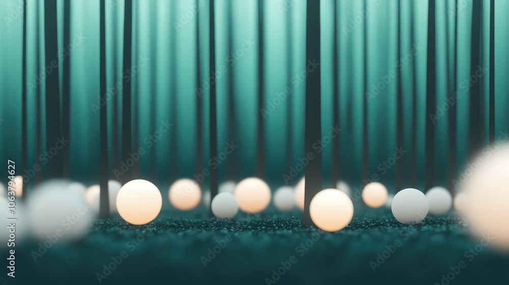Poster a surreal scene with glowing spheres scattered on a textured surface, surrounded by vertical lines c