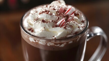 a cup of hot chocolate with whipped cream and candy canes on top of it