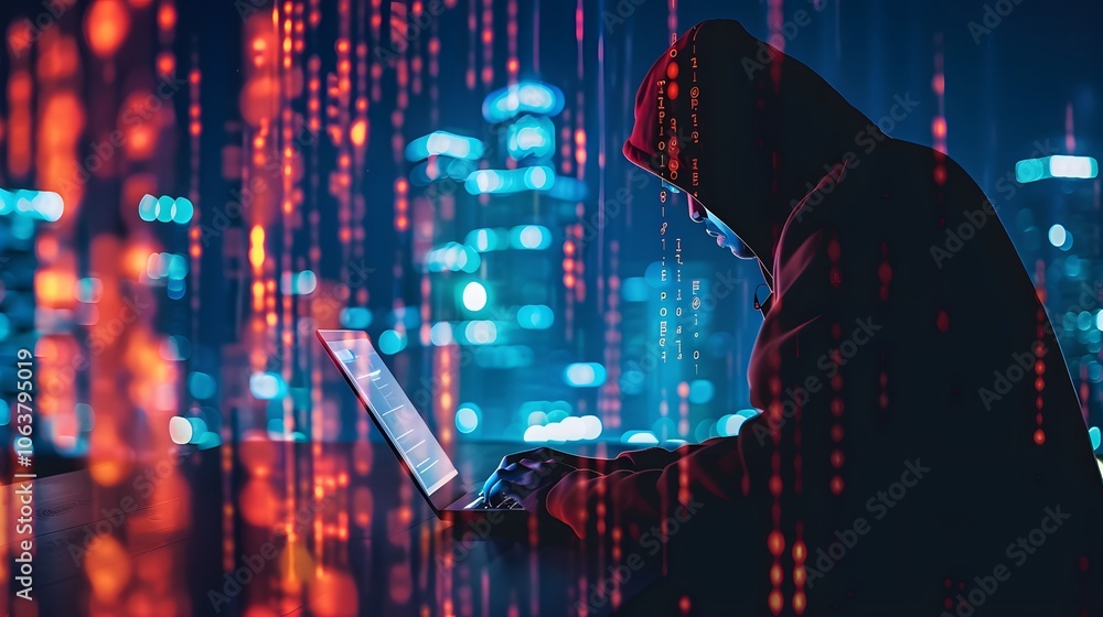 Poster hooded hacker operating computer in dark city with neon lights and futuristic atmosphere