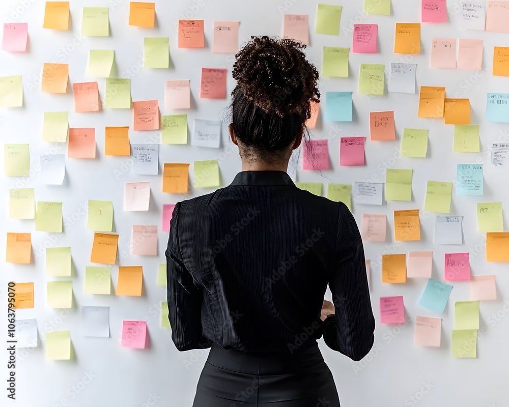 Poster a person standing in front of a wall filled with colorful sticky notes, highlighting organization an