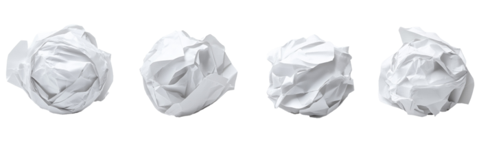 Collection of four distinct white crumpled paper balls for creative design projects - png set transparent background