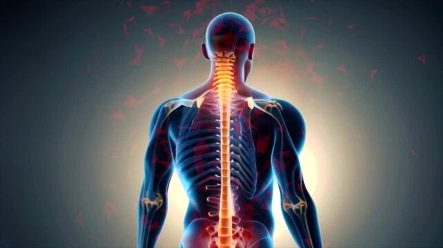 Xray and 3d Spinal pain and human back anatomy Man puts his hands behind his back with pain in his spine