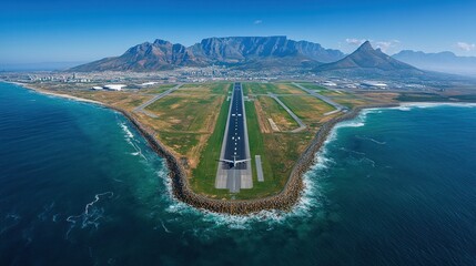 Fototapeta premium Aerial view of an airport runway with Table Mountain in the background.