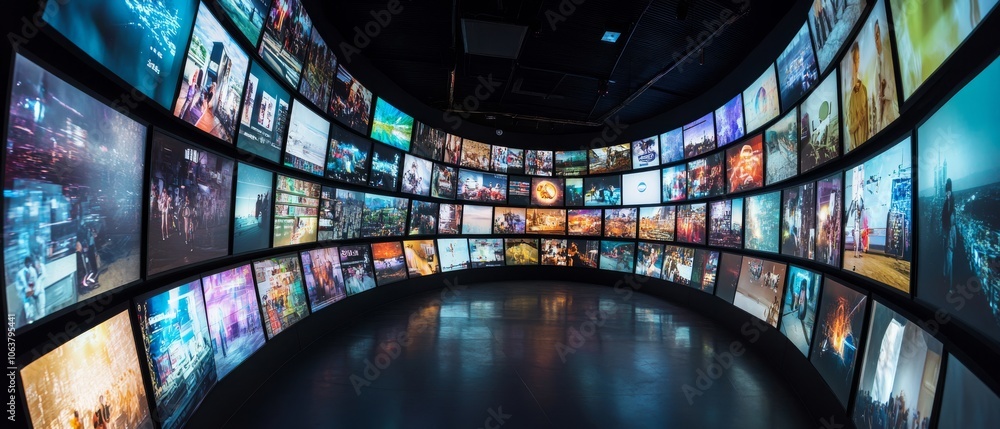 Poster immerse yourself in a vibrant and dynamic multimedia wall that showcases a diverse array of entertai