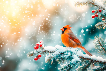 Close-up of a red cardinal sitting on a snow-covered branch on a winter sunny day
