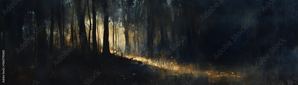 Poster a serene forest path illuminated by soft light, creating an atmosphere of tranquility and mystery am