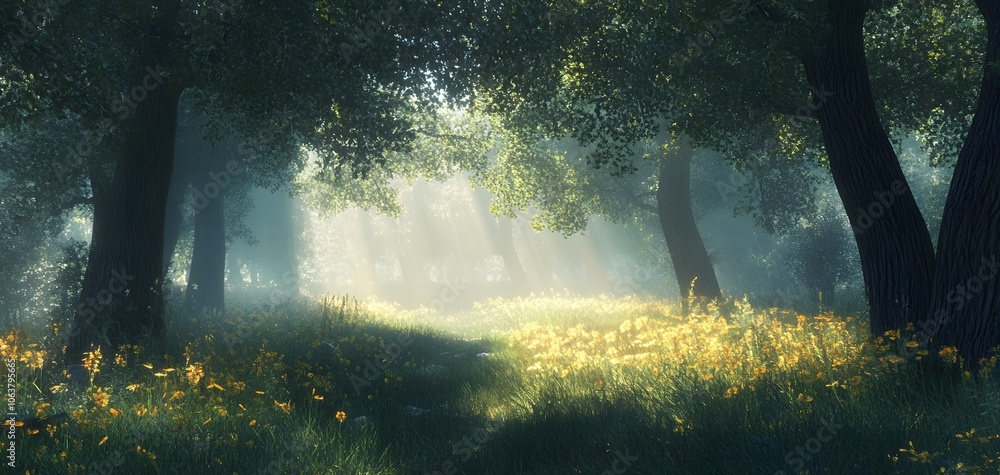 Poster a serene forest scene with gentle sunlight filtering through trees, illuminating a path covered in l